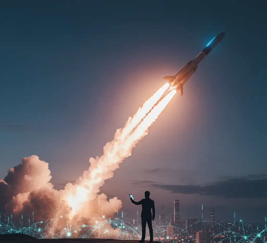 Rocket launching, symbolizing website launch and growth